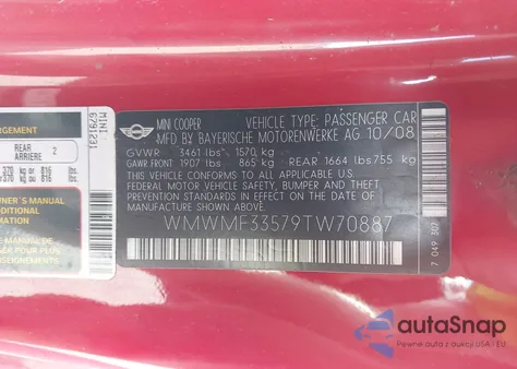 2009 Mini Cooper из США, поврежденный, VIN WMWMF33579TW70887